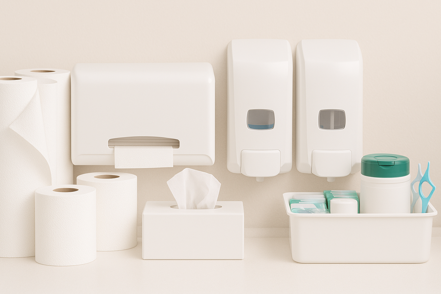 Healthcare restroom paper towels, toilet tissue, soap dispensers and hygiene supplies